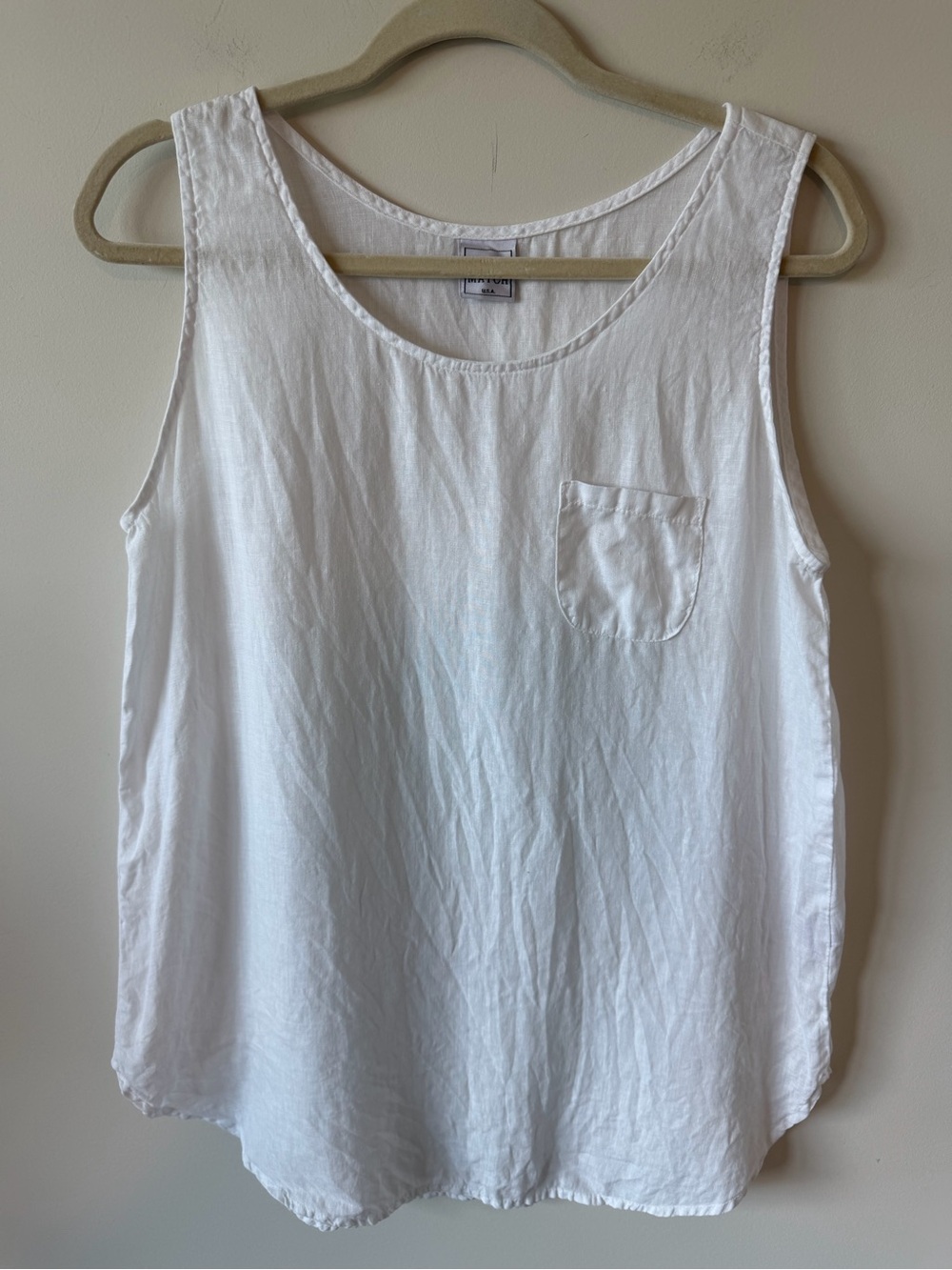 Pure Match USA 100% Linen Classic White Sleeveless Pocket Tank Top Oversized Fit